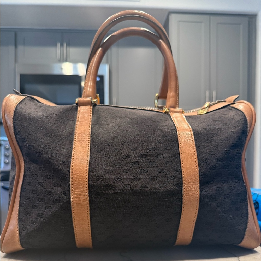 Gucci Black Canvas & Brown Leather Weekend Bag